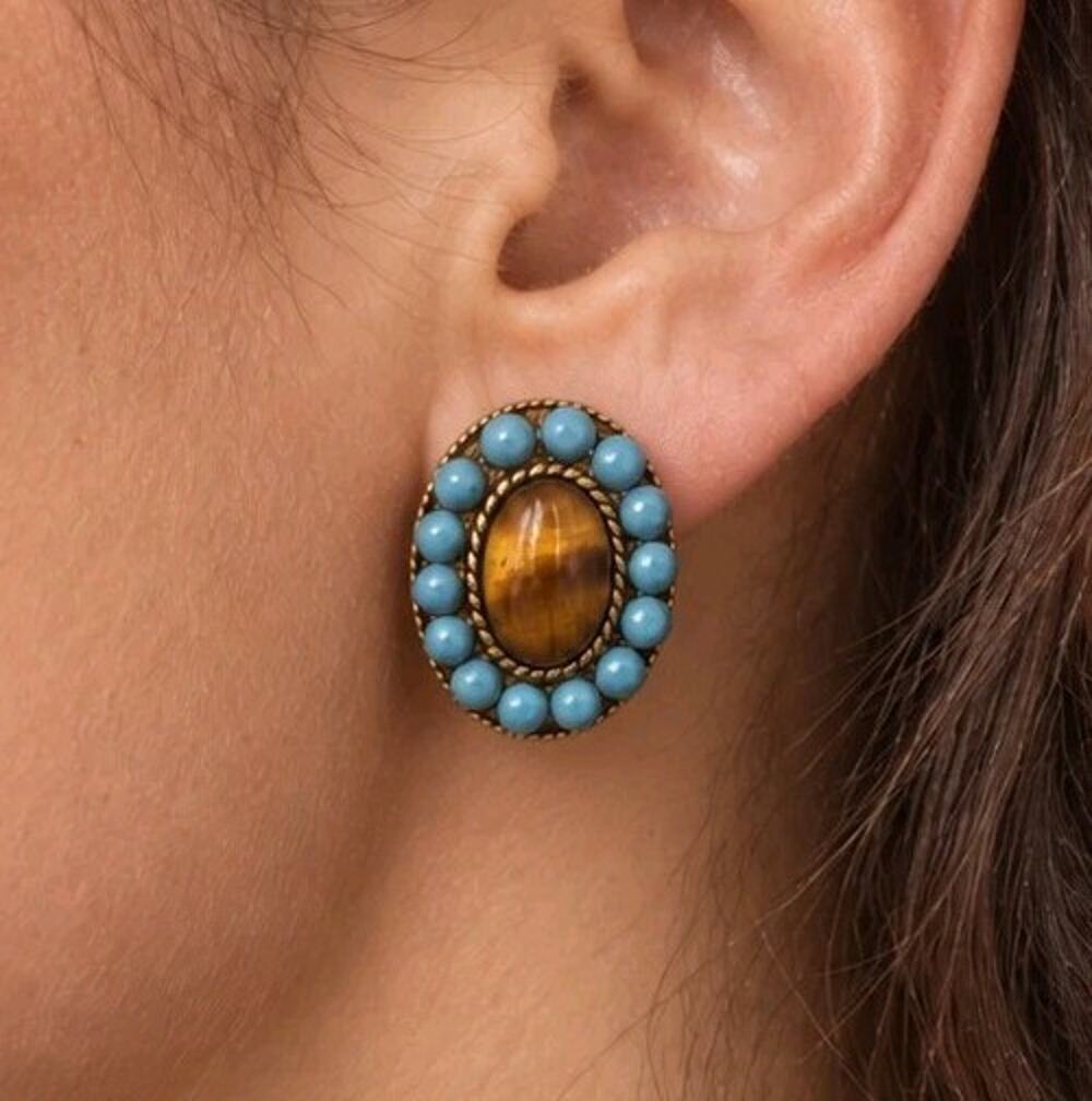 Vintage 90s Tiger Eye Blue Bead Oval Gold Tone Clip On Earrings Boho Cowgirl